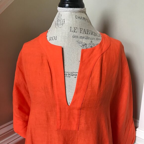 ERES Linen Bibi Kaftan Maxi Dress Womens OS Orange Short Sleeve V-Neck Cover Up - Picture 5 of 12